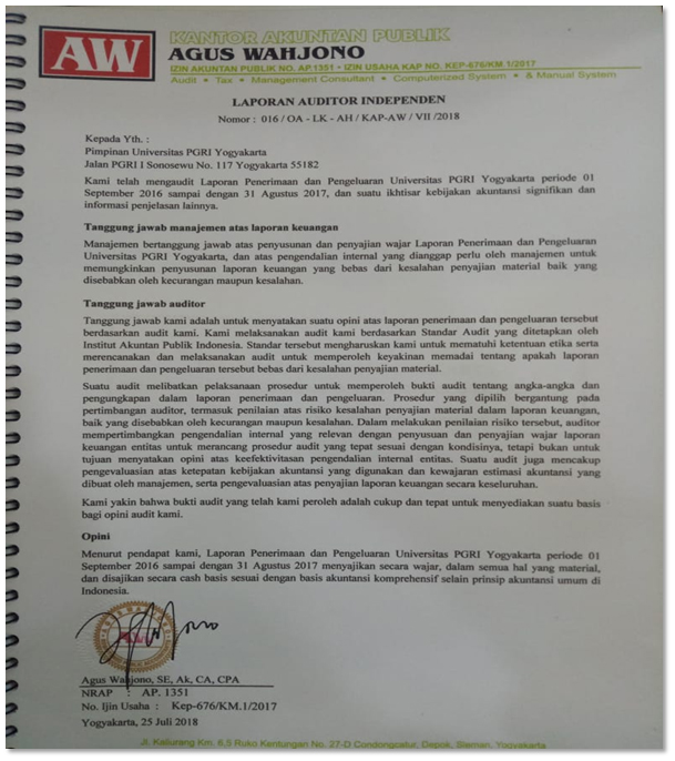LAPORAN AUDITOR INDEPENDEN, KEUANGAN UNIVERSITAS PGRI YOGYAKARTA PERIODE 1 SEPTEMBER 2016 - 31 AGUSTUS 2017